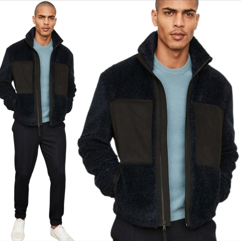 Vince Men's Sherpa Zip Jacket Black Navy Faux Suede Puffer Coat XL NWOT